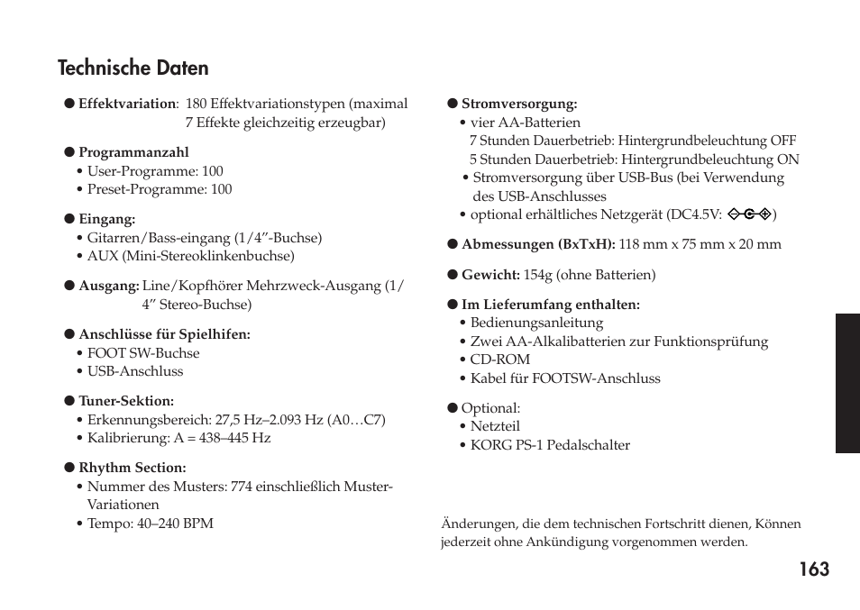 Technische daten | KORG Personal Multi-Effect Processor PX5D User Manual | Page 163 / 164
