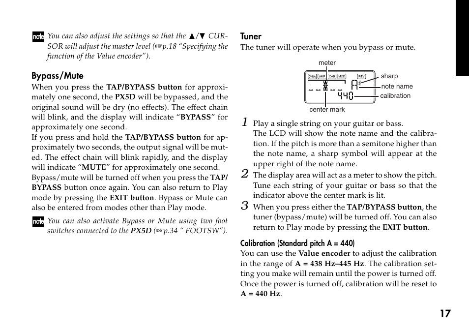 Bypass/mute, Tuner, Bypass/mute tuner | KORG Personal Multi-Effect Processor PX5D User Manual | Page 17 / 164