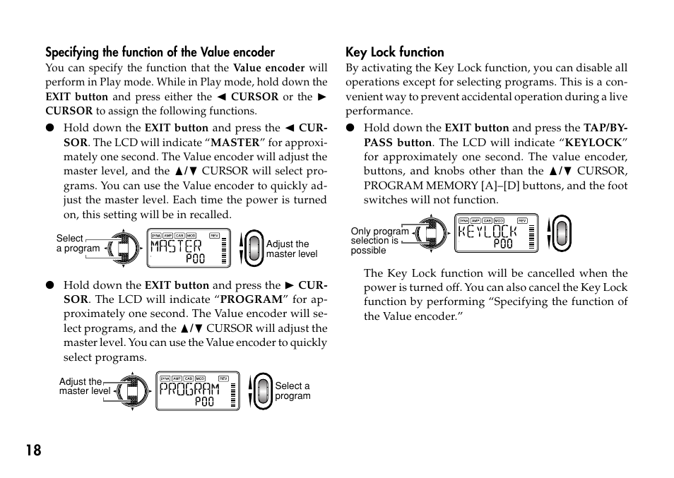 Specifying the function of the value encoder, Key lock function | KORG Personal Multi-Effect Processor PX5D User Manual | Page 18 / 164