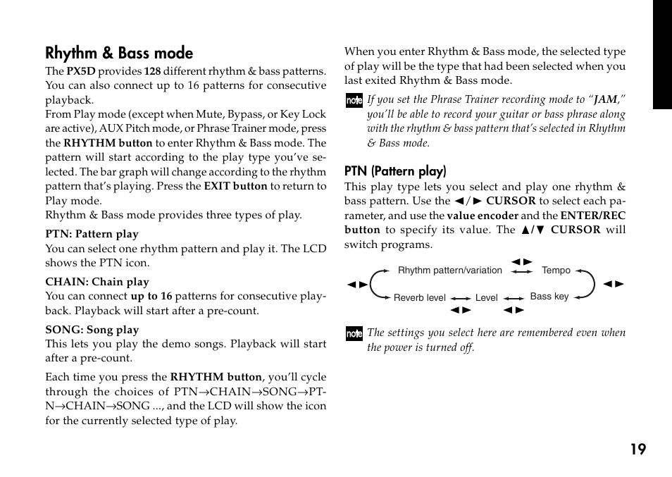 Rhythm & bass mode, Ptn (pattern play) | KORG Personal Multi-Effect Processor PX5D User Manual | Page 19 / 164