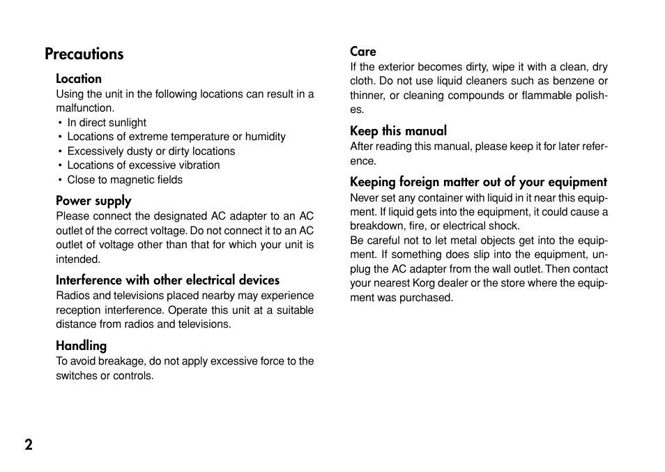 English, Precautions | KORG Personal Multi-Effect Processor PX5D User Manual | Page 2 / 164