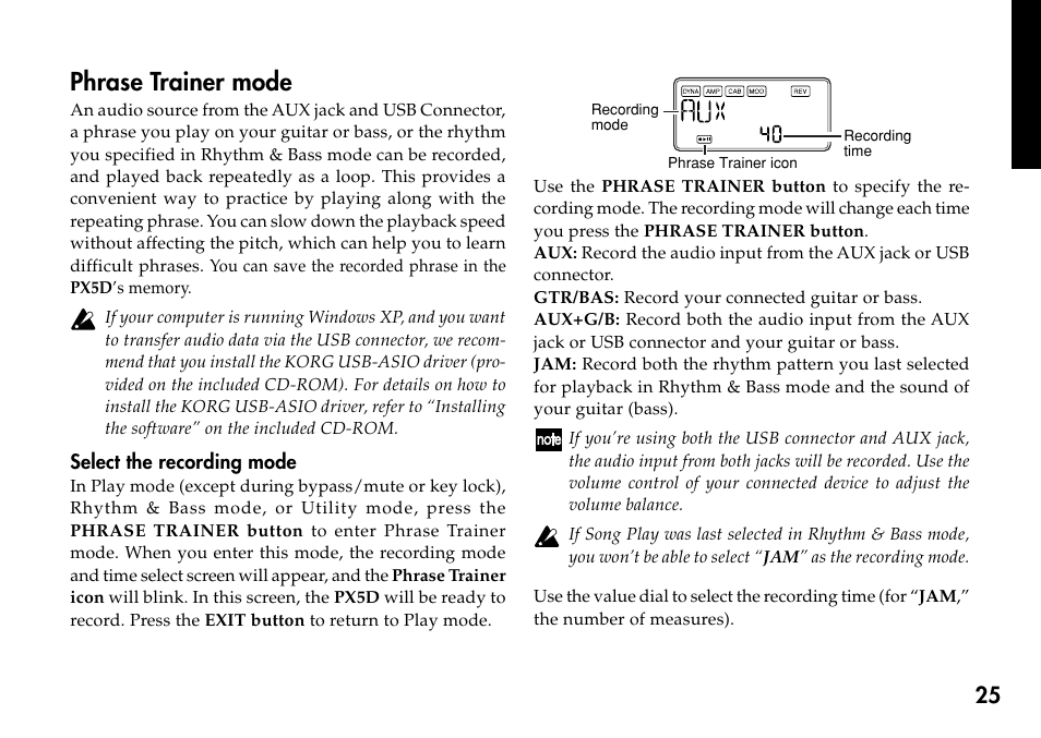 Phrase trainer mode, Select the recording mode | KORG Personal Multi-Effect Processor PX5D User Manual | Page 25 / 164