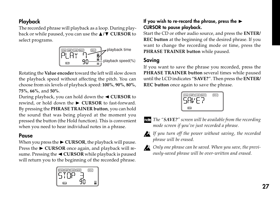 Playback, Pause, Saving | Playback pause saving | KORG Personal Multi-Effect Processor PX5D User Manual | Page 27 / 164