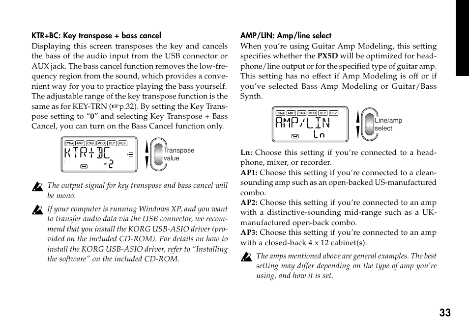 Ktr+bc: key transpose + bass cancel, Amp/lin: amp/line select | KORG Personal Multi-Effect Processor PX5D User Manual | Page 33 / 164