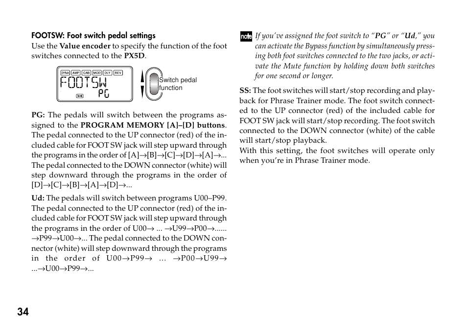 Footsw: foot switch pedal settings | KORG Personal Multi-Effect Processor PX5D User Manual | Page 34 / 164