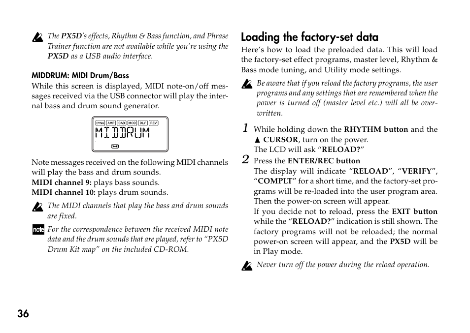 Middrum: midi drum/bass, Loading the factory-set data | KORG Personal Multi-Effect Processor PX5D User Manual | Page 36 / 164