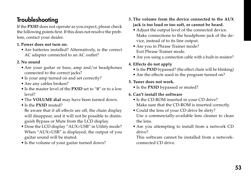 Troubleshooting | KORG Personal Multi-Effect Processor PX5D User Manual | Page 53 / 164