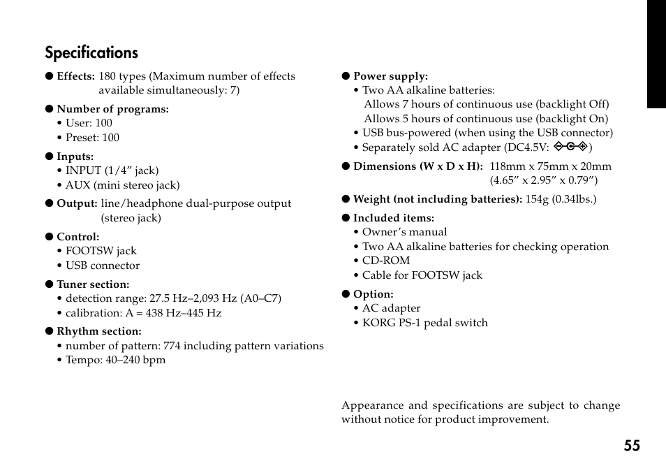 Specifications | KORG Personal Multi-Effect Processor PX5D User Manual | Page 55 / 164