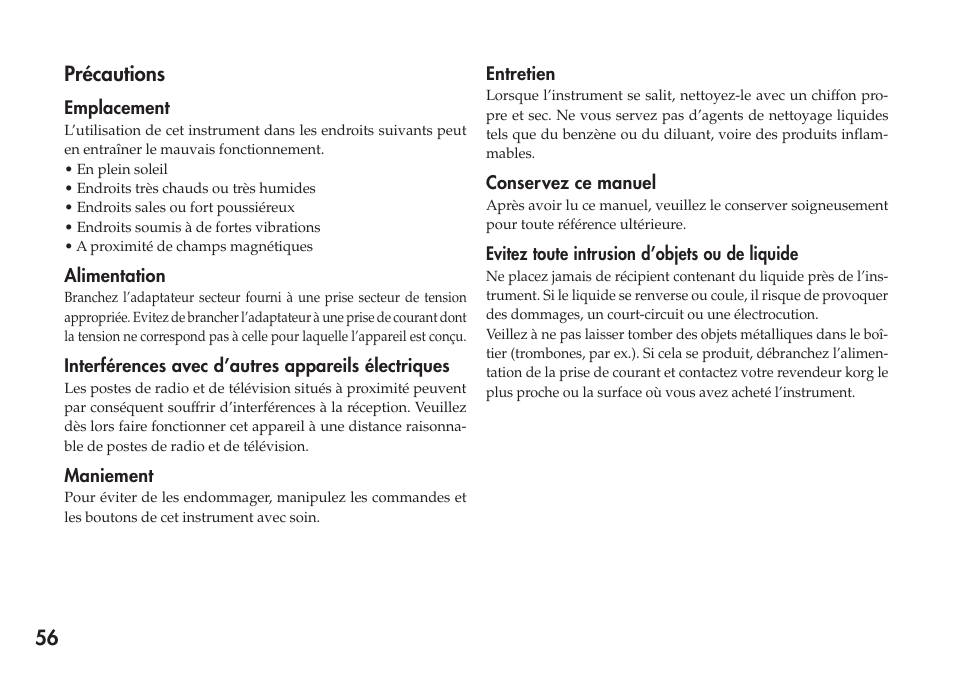 Français, 56 précautions | KORG Personal Multi-Effect Processor PX5D User Manual | Page 56 / 164