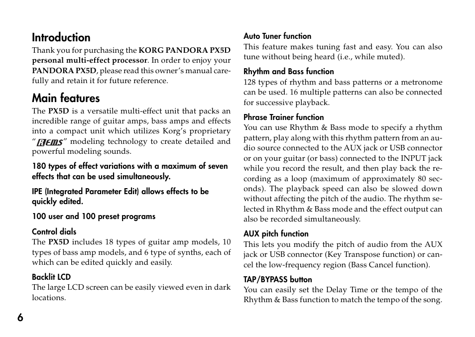 Introduction, Main features | KORG Personal Multi-Effect Processor PX5D User Manual | Page 6 / 164