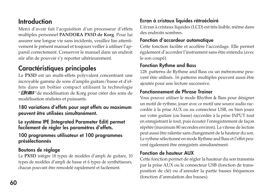 Introduction, Caractéristiques principales | KORG Personal Multi-Effect Processor PX5D User Manual | Page 60 / 164