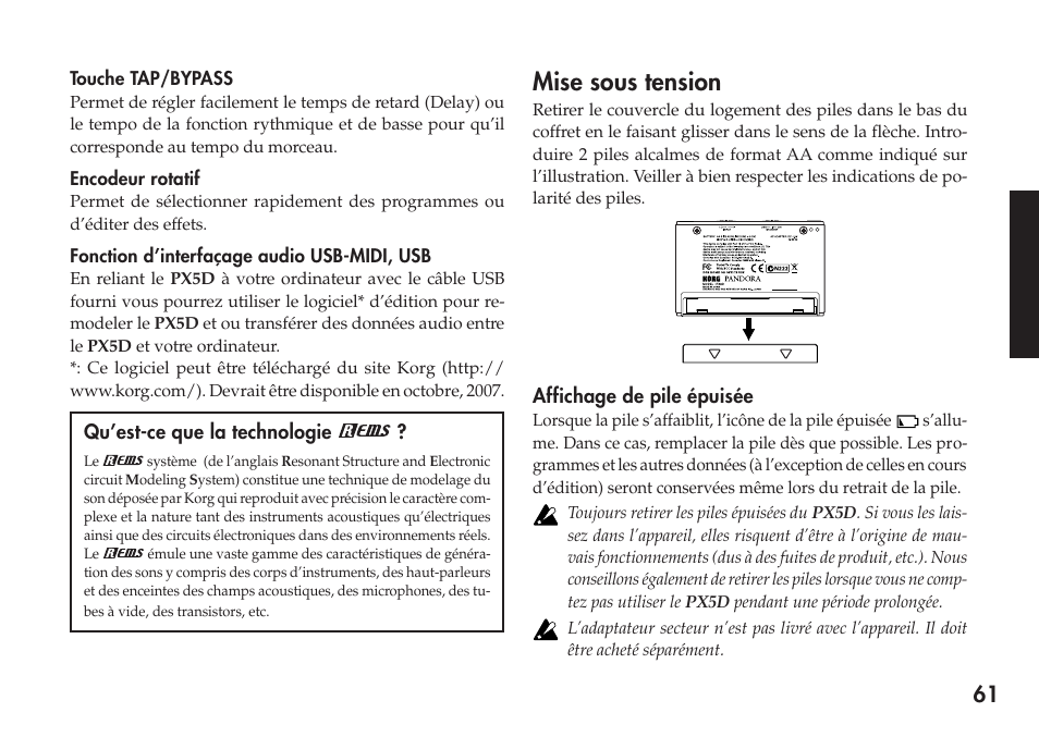 Mise sous tension | KORG Personal Multi-Effect Processor PX5D User Manual | Page 61 / 164