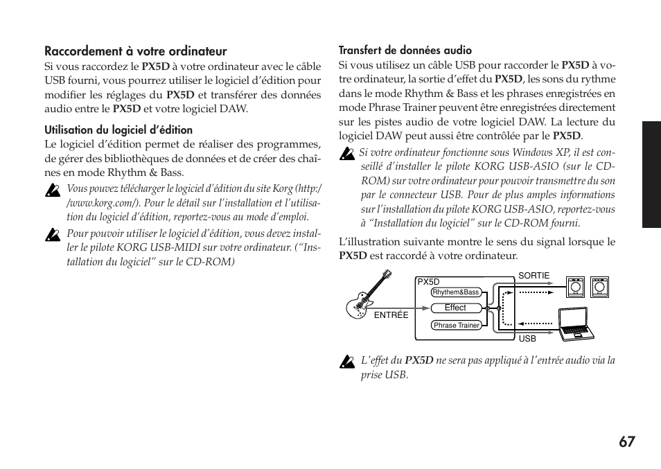 Raccordement à votre ordinateur, Utilisation du logiciel d’édition, Transfert de données audio | KORG Personal Multi-Effect Processor PX5D User Manual | Page 67 / 164