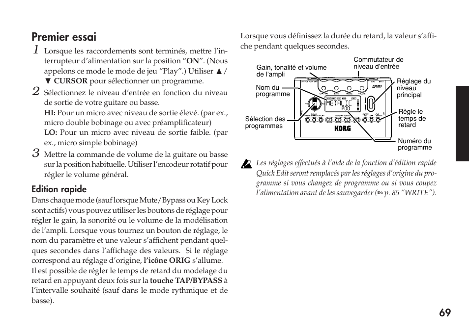 Premier essai, Edition rapide | KORG Personal Multi-Effect Processor PX5D User Manual | Page 69 / 164