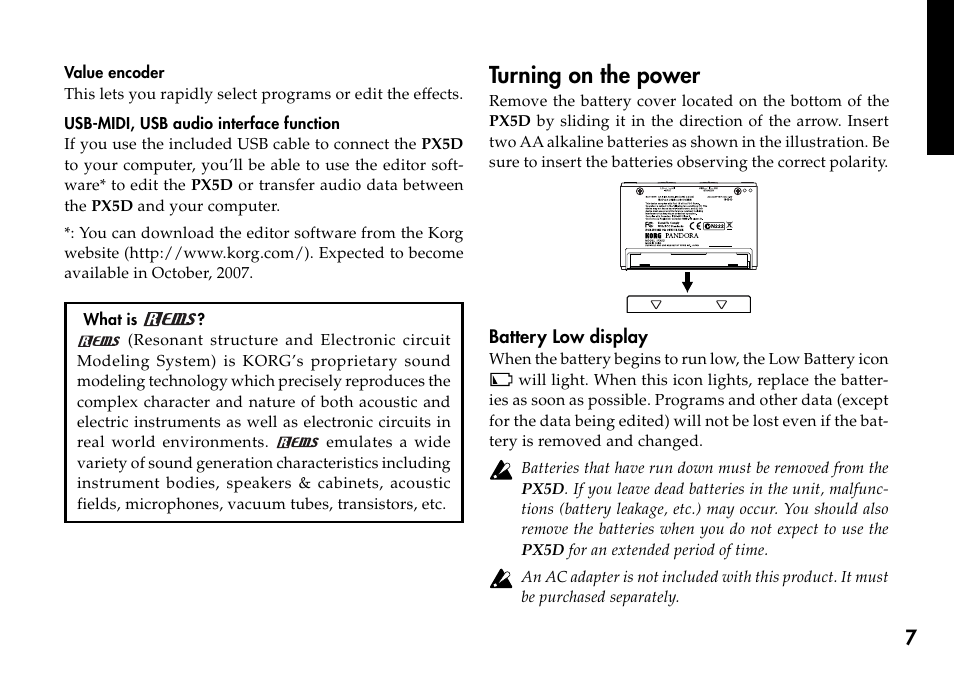 Turning on the power | KORG Personal Multi-Effect Processor PX5D User Manual | Page 7 / 164