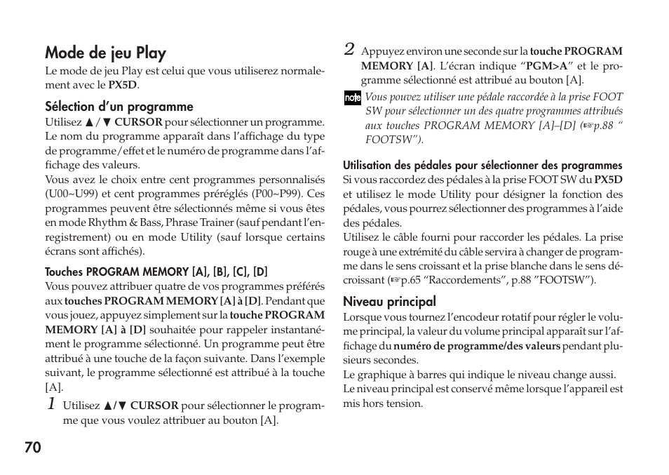 Mode de jeu play, Sélection d’un programme, Touches program memory [a], [b], [c], [d | Niveau principal | KORG Personal Multi-Effect Processor PX5D User Manual | Page 70 / 164