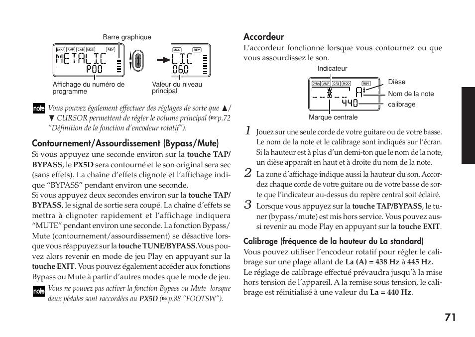 Contournement/assourdissement (bypass/mute), Accordeur | KORG Personal Multi-Effect Processor PX5D User Manual | Page 71 / 164