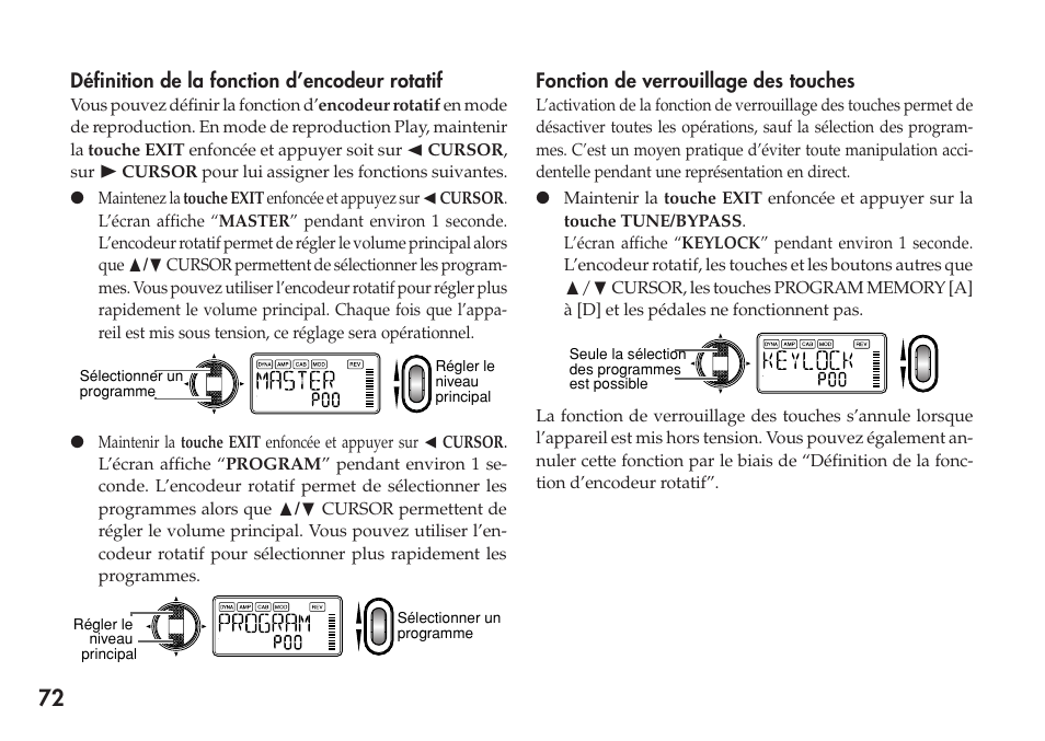 Définition de la fonction d’encodeur rotatif, Fonction de verrouillage des touches | KORG Personal Multi-Effect Processor PX5D User Manual | Page 72 / 164