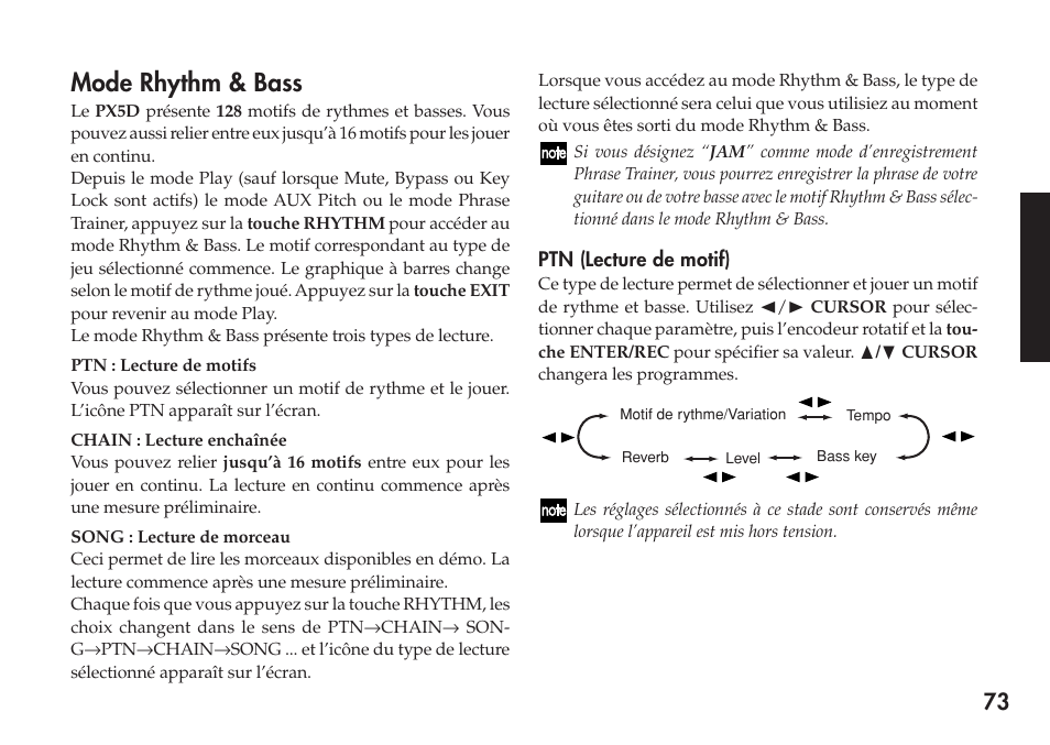 Mode rhythm & bass, Ptn (lecture de motif) | KORG Personal Multi-Effect Processor PX5D User Manual | Page 73 / 164