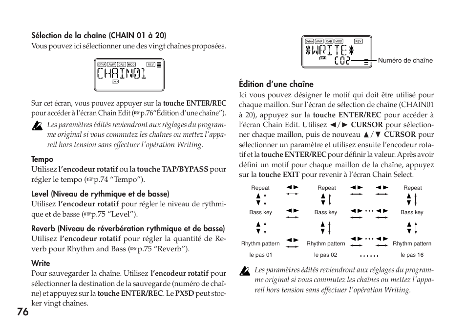 Édition d’une chaîne | KORG Personal Multi-Effect Processor PX5D User Manual | Page 76 / 164