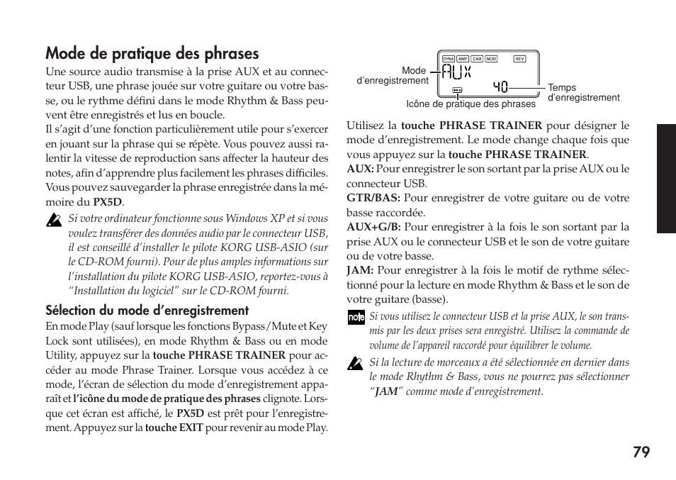 Mode de pratique des phrases, Sélection du mode d’enregistrement | KORG Personal Multi-Effect Processor PX5D User Manual | Page 79 / 164