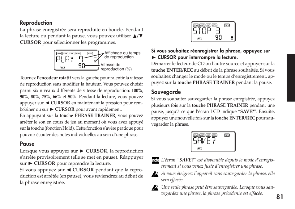 Reproduction, Pause, Sauvegarde | Reproduction pause sauvegarde | KORG Personal Multi-Effect Processor PX5D User Manual | Page 81 / 164