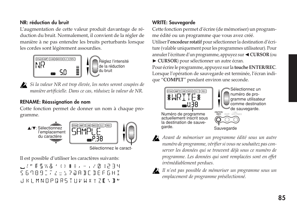 Nr: réduction du bruit, Rename: réassignation de nom, Write: sauvegarde | KORG Personal Multi-Effect Processor PX5D User Manual | Page 85 / 164