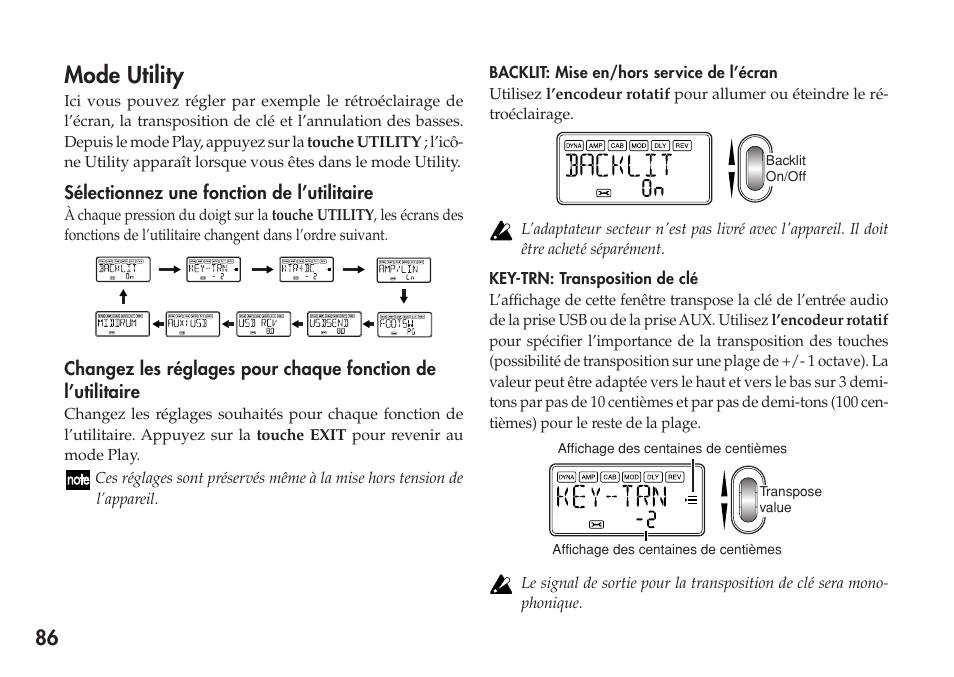 Mode utility, Sélectionnez une fonction de l’utilitaire, Backlit: mise en/hors service de l’écran | Key-trn: transposition de clé | KORG Personal Multi-Effect Processor PX5D User Manual | Page 86 / 164