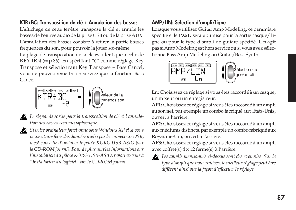 Amp/lin: sélection d’ampli/ligne | KORG Personal Multi-Effect Processor PX5D User Manual | Page 87 / 164