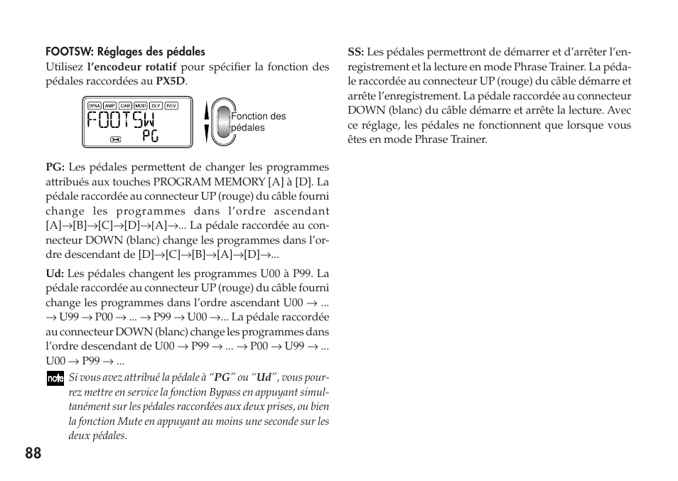 Footsw: réglages des pédales | KORG Personal Multi-Effect Processor PX5D User Manual | Page 88 / 164