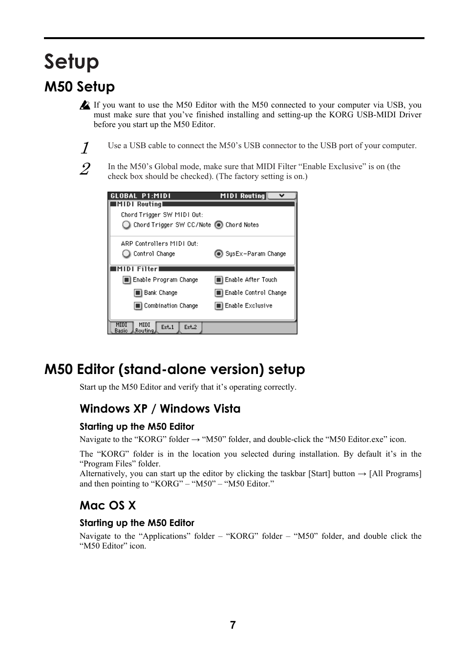 Setup, M50 setup, M50 editor (stand-alone version) setup | Windows xp / windows vista, Mac os x | KORG M50 User Manual | Page 10 / 33