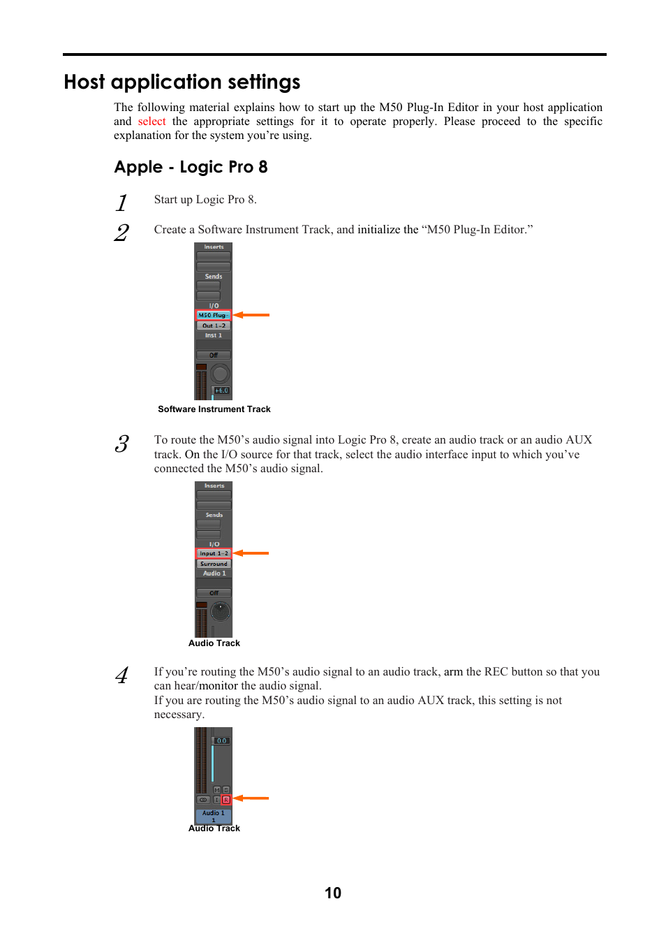 Host application settings, Apple - logic pro 8 | KORG M50 User Manual | Page 13 / 33