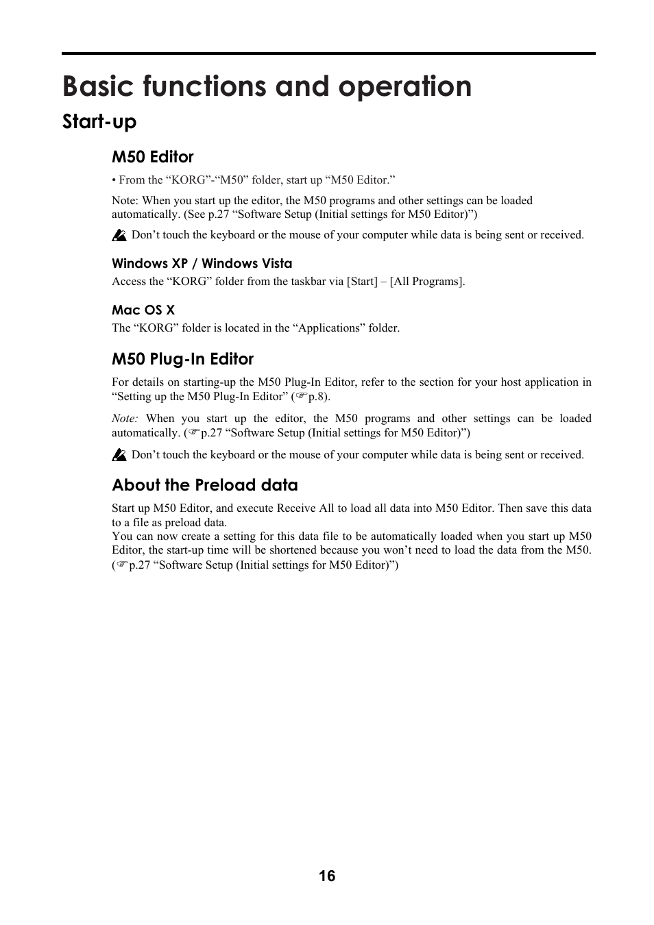 Basic functions and operation, Start-up, M50 editor | M50 plug-in editor, About the preload data | KORG M50 User Manual | Page 19 / 33