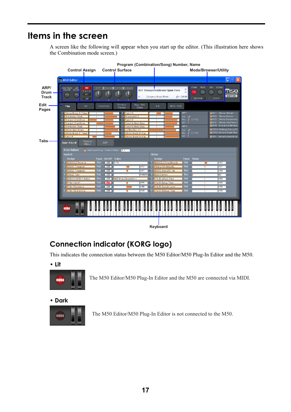 Items in the screen, Connection indicator (korg logo) | KORG M50 User Manual | Page 20 / 33