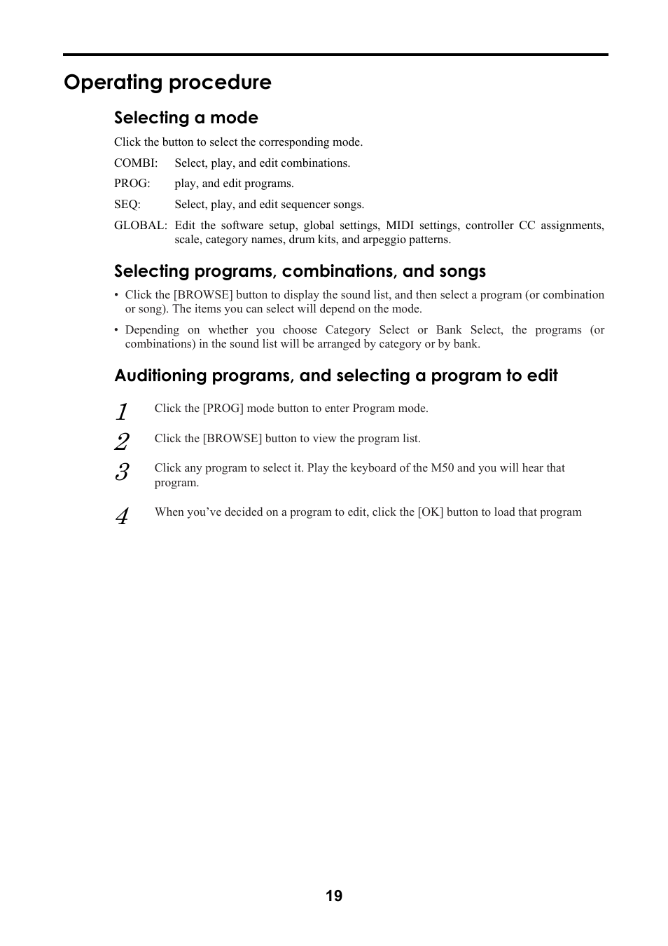 Operating procedure, Selecting a mode, Selecting programs, combinations, and songs | KORG M50 User Manual | Page 22 / 33