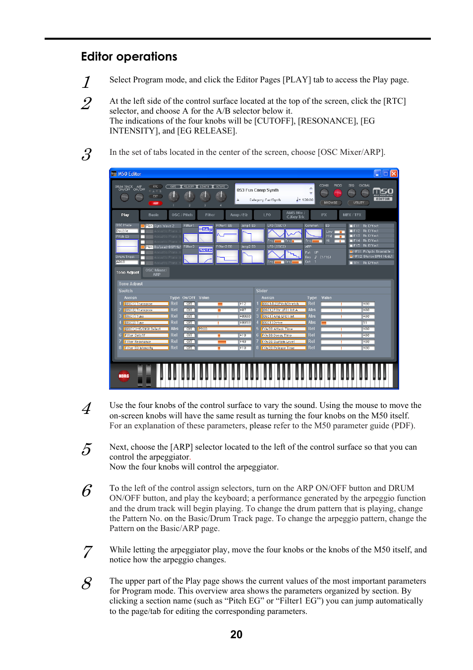 Editor operations | KORG M50 User Manual | Page 23 / 33