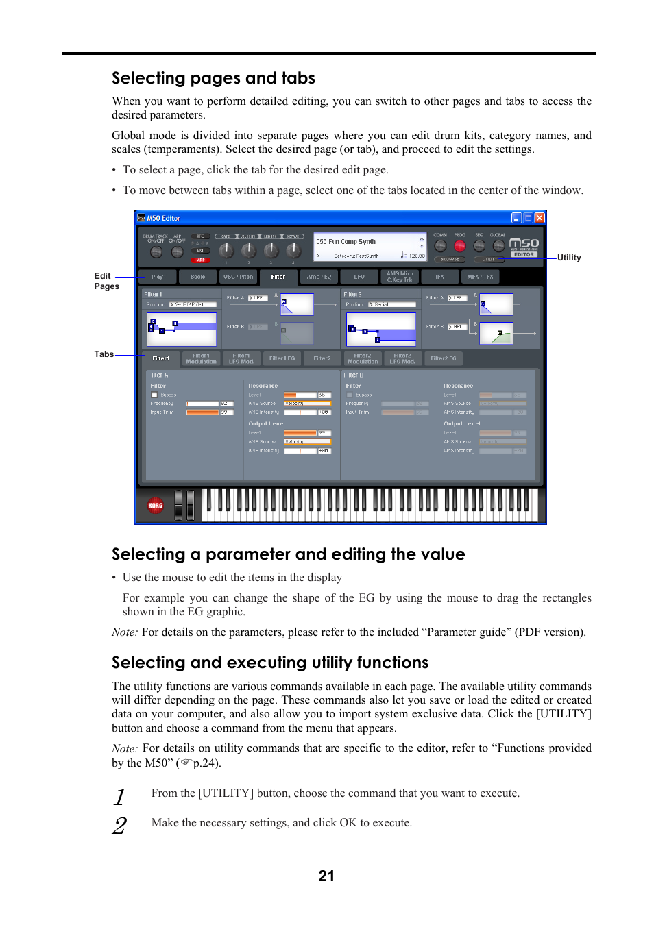 Selecting a parameter and editing the value, Selecting and executing utility functions, Selecting pages and tabs | KORG M50 User Manual | Page 24 / 33