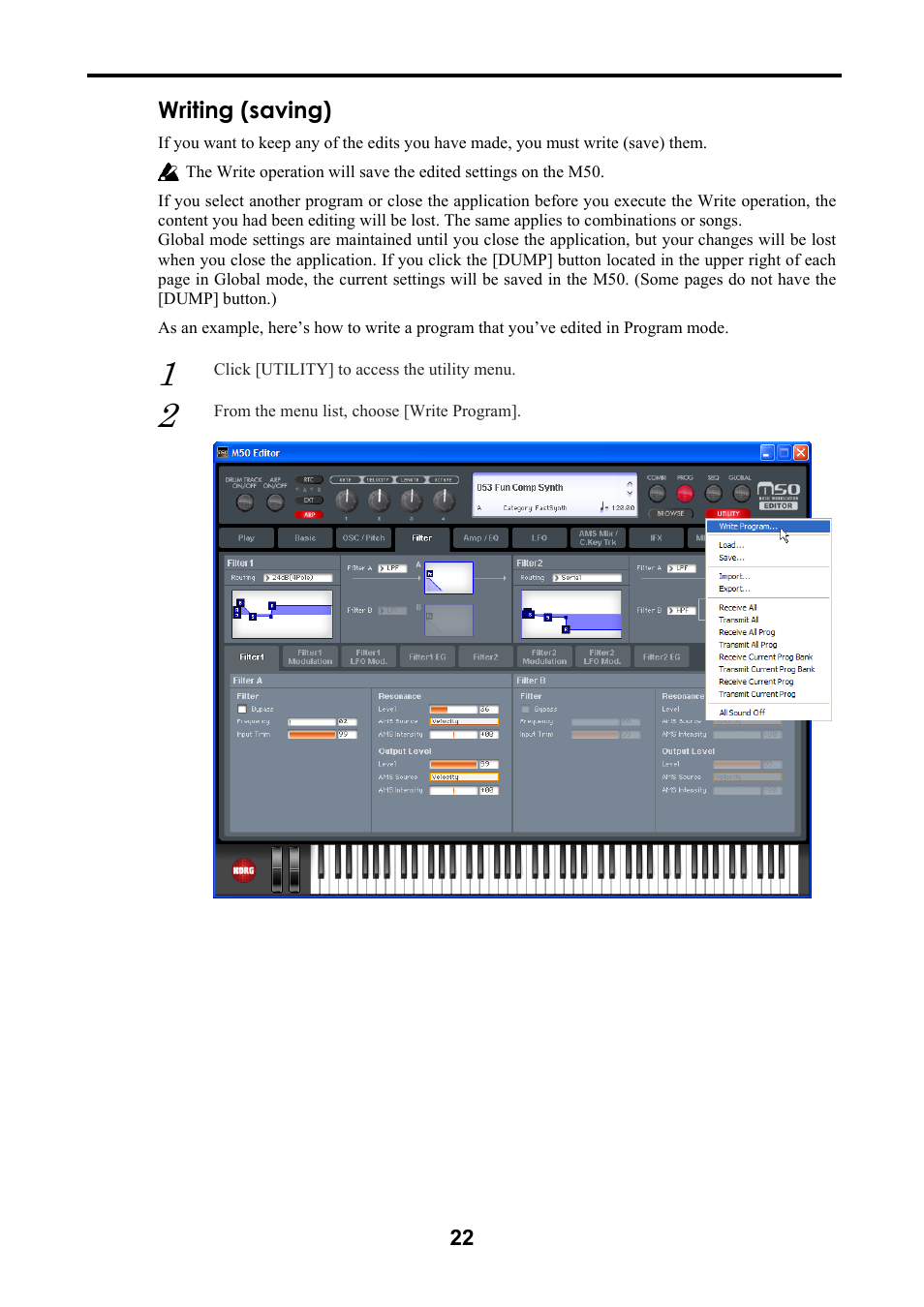 Writing (saving) | KORG M50 User Manual | Page 25 / 33