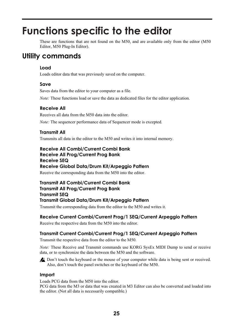 Functions specific to the editor, Utility commands | KORG M50 User Manual | Page 28 / 33