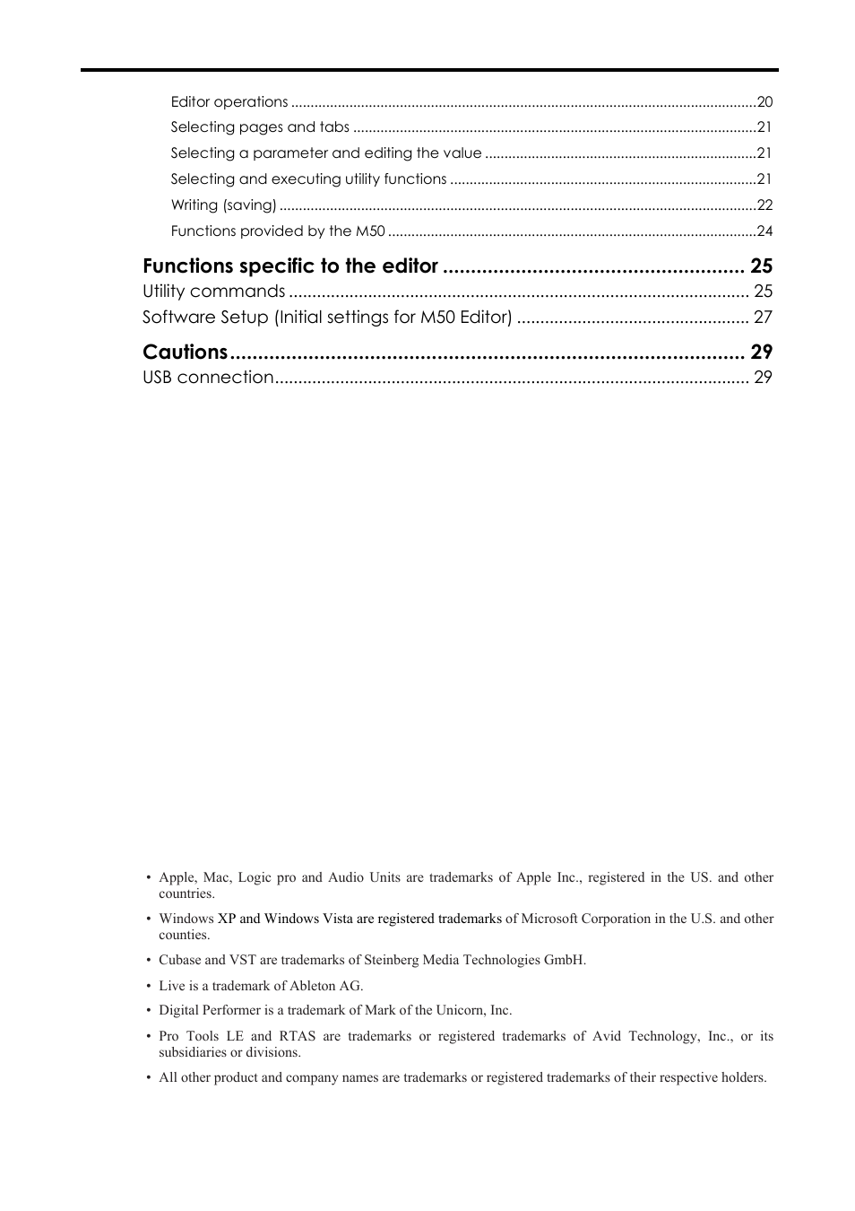 Functions specific to the editor, Cautions | KORG M50 User Manual | Page 3 / 33