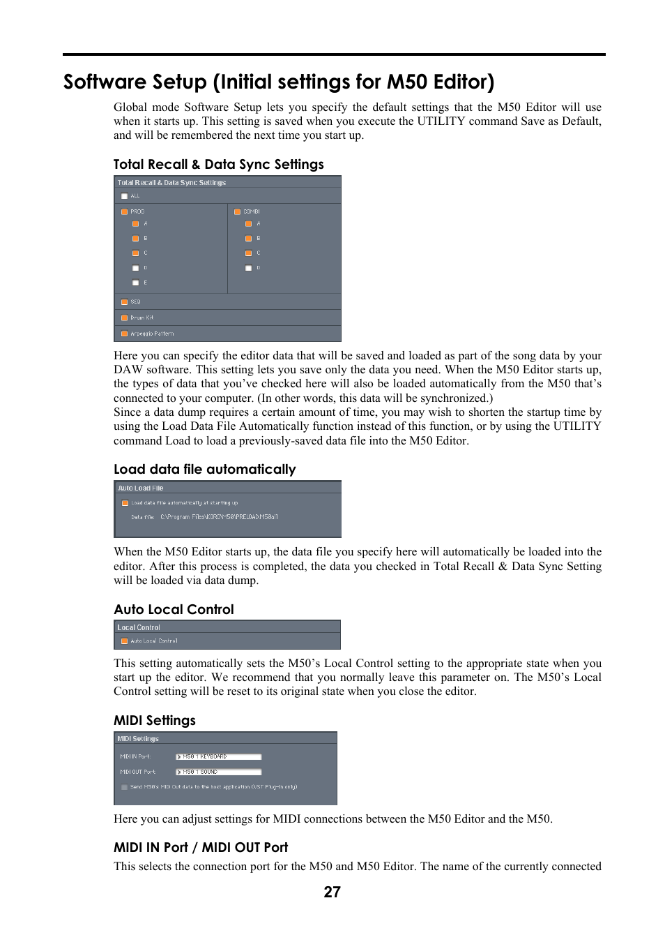 Software setup (initial settings for m50 editor) | KORG M50 User Manual | Page 30 / 33