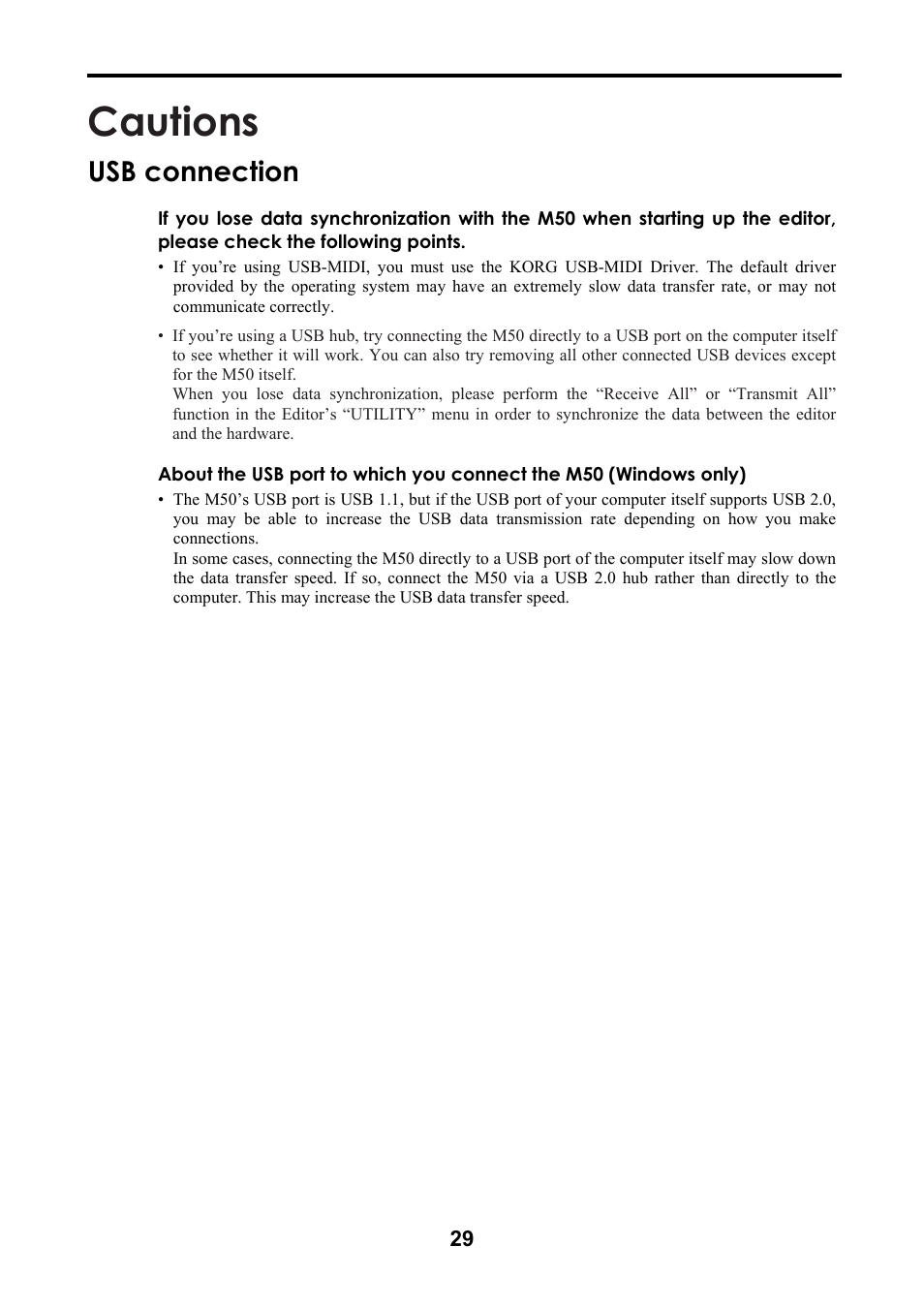 Cautions, Usb connection | KORG M50 User Manual | Page 32 / 33