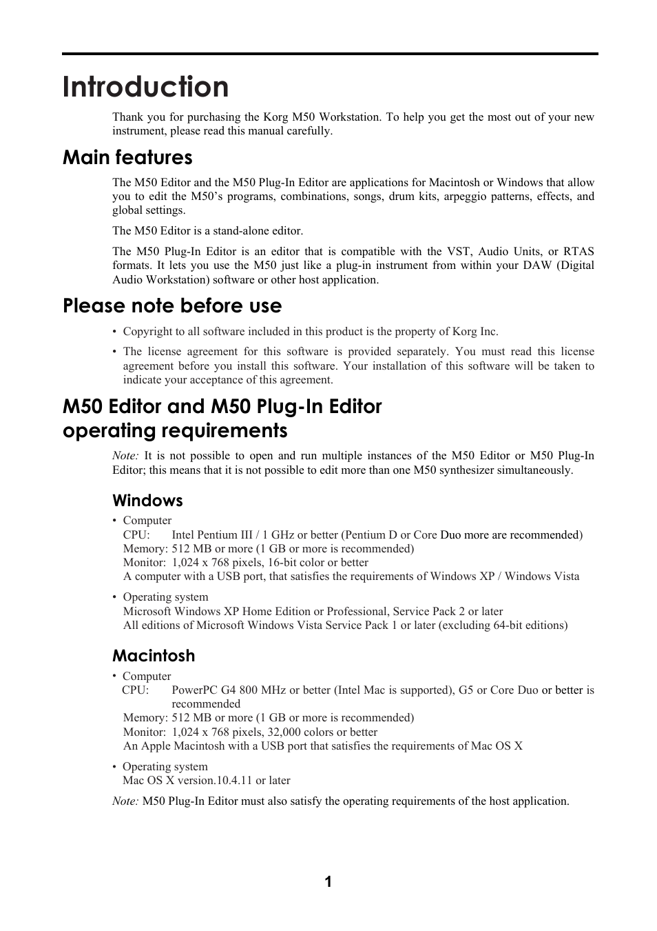 Introduction, Main features, Please note before use | Windows, Macintosh | KORG M50 User Manual | Page 4 / 33