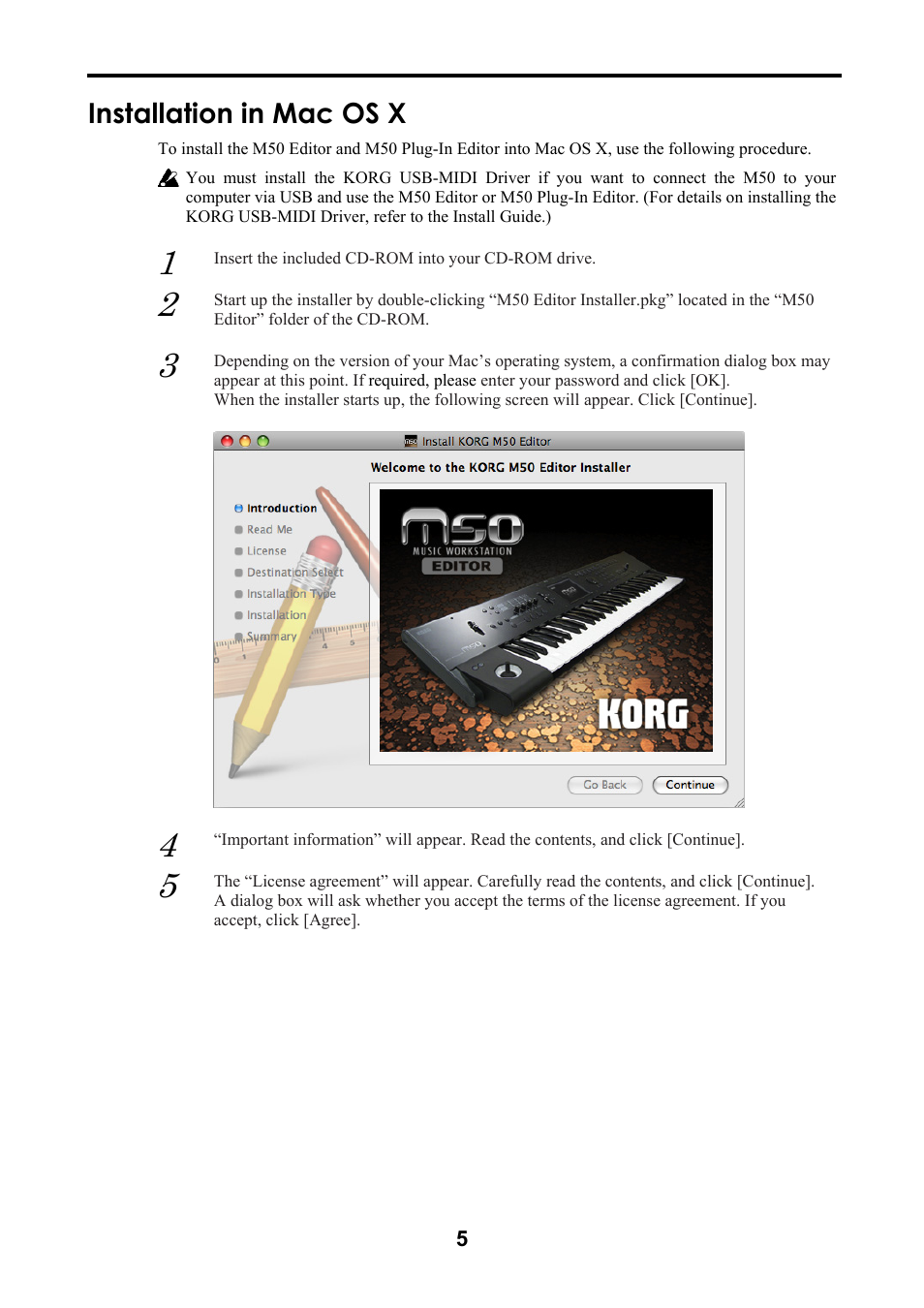 Installation in mac os x | KORG M50 User Manual | Page 8 / 33