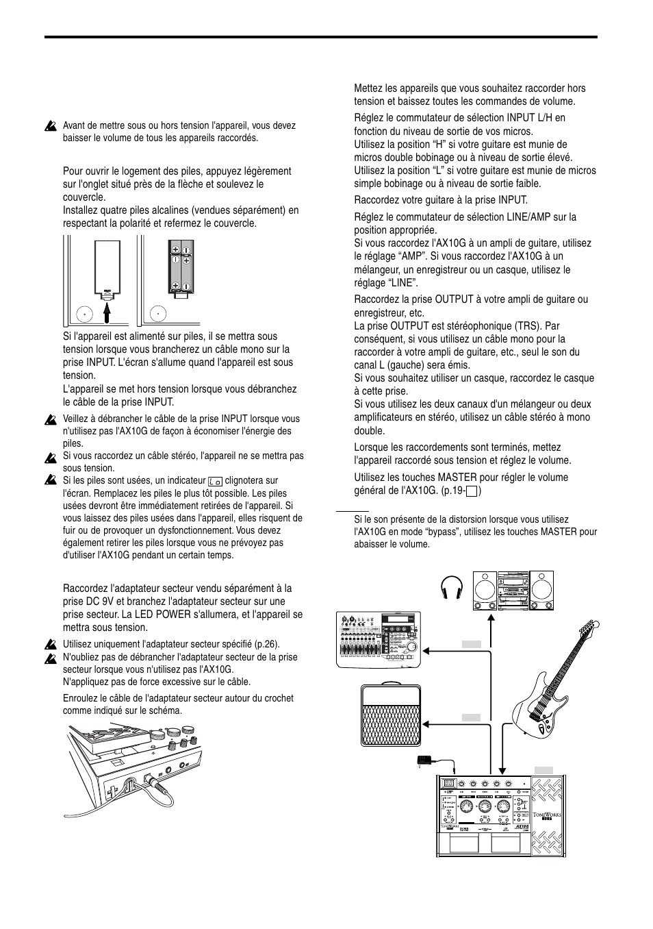 Configuration, Mise sous/hors tension, Raccordements | KORG TONEWORKS AX10G User Manual | Page 20 / 40