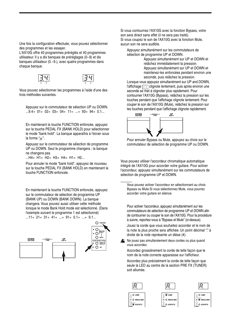 Utilisation de l'ax10g, Sélection des programmes, Bypass et mute | Accordeur | KORG TONEWORKS AX10G User Manual | Page 21 / 40