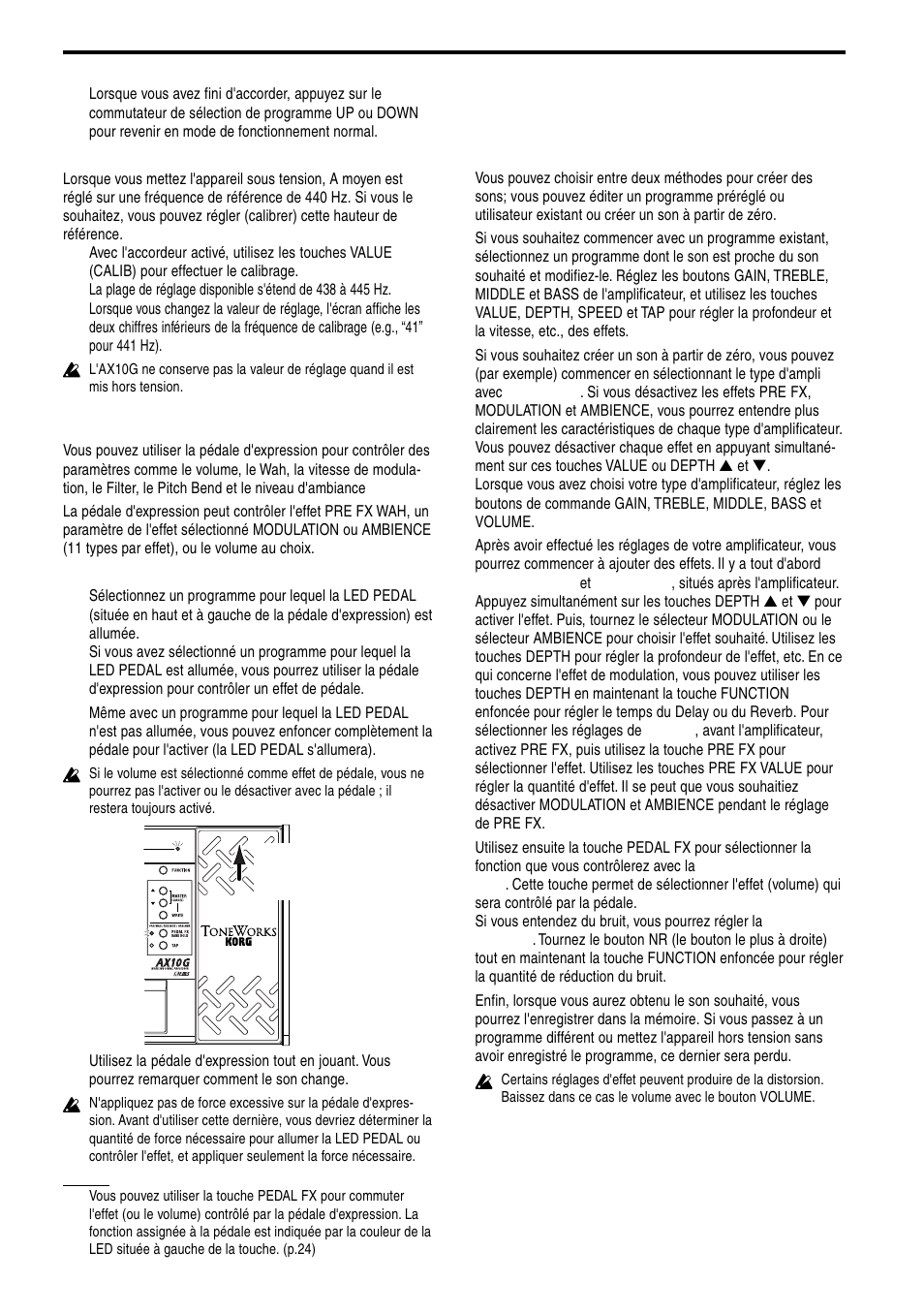 Utilisation de la pédale d'expression, Création de sons, Création de sons sur l'ax10g | KORG TONEWORKS AX10G User Manual | Page 22 / 40