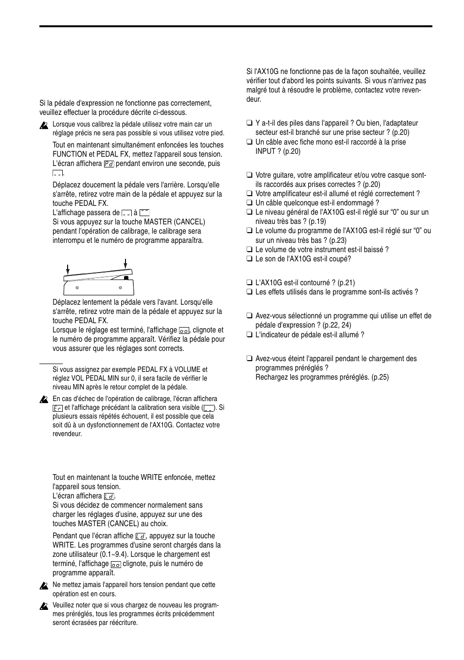 Autres fonctions, Calibrage de la pédale d'expression, Guide de dépannage | KORG TONEWORKS AX10G User Manual | Page 25 / 40
