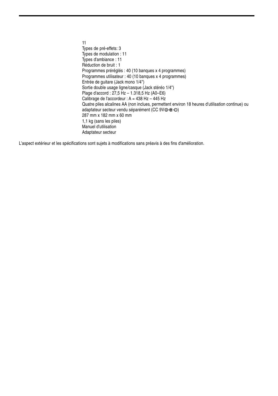 Principales spécifications | KORG TONEWORKS AX10G User Manual | Page 26 / 40