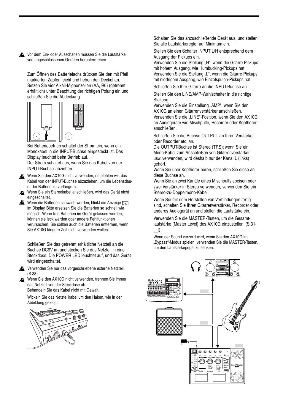 Setup, Ein- und ausschalten, Anschlüsse | KORG TONEWORKS AX10G User Manual | Page 32 / 40
